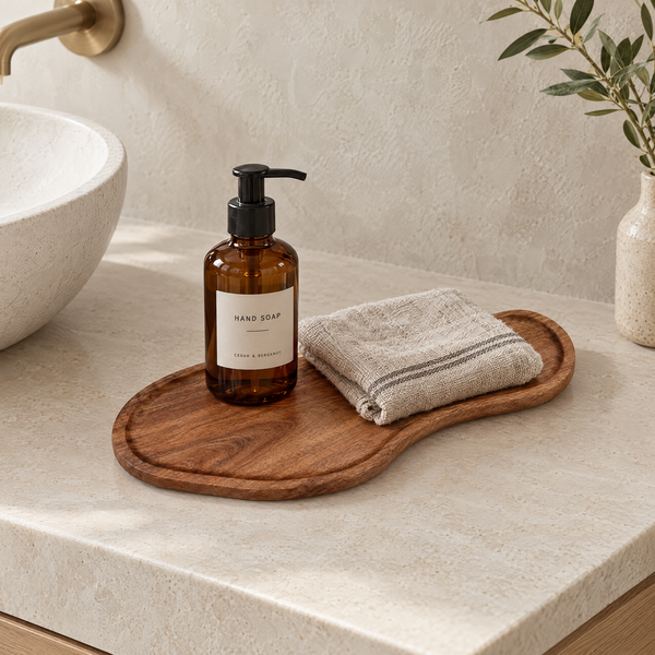 Atami wide wooden tray on a stone bathroom vanity with a soap bottle and hand towel, shown for styling only