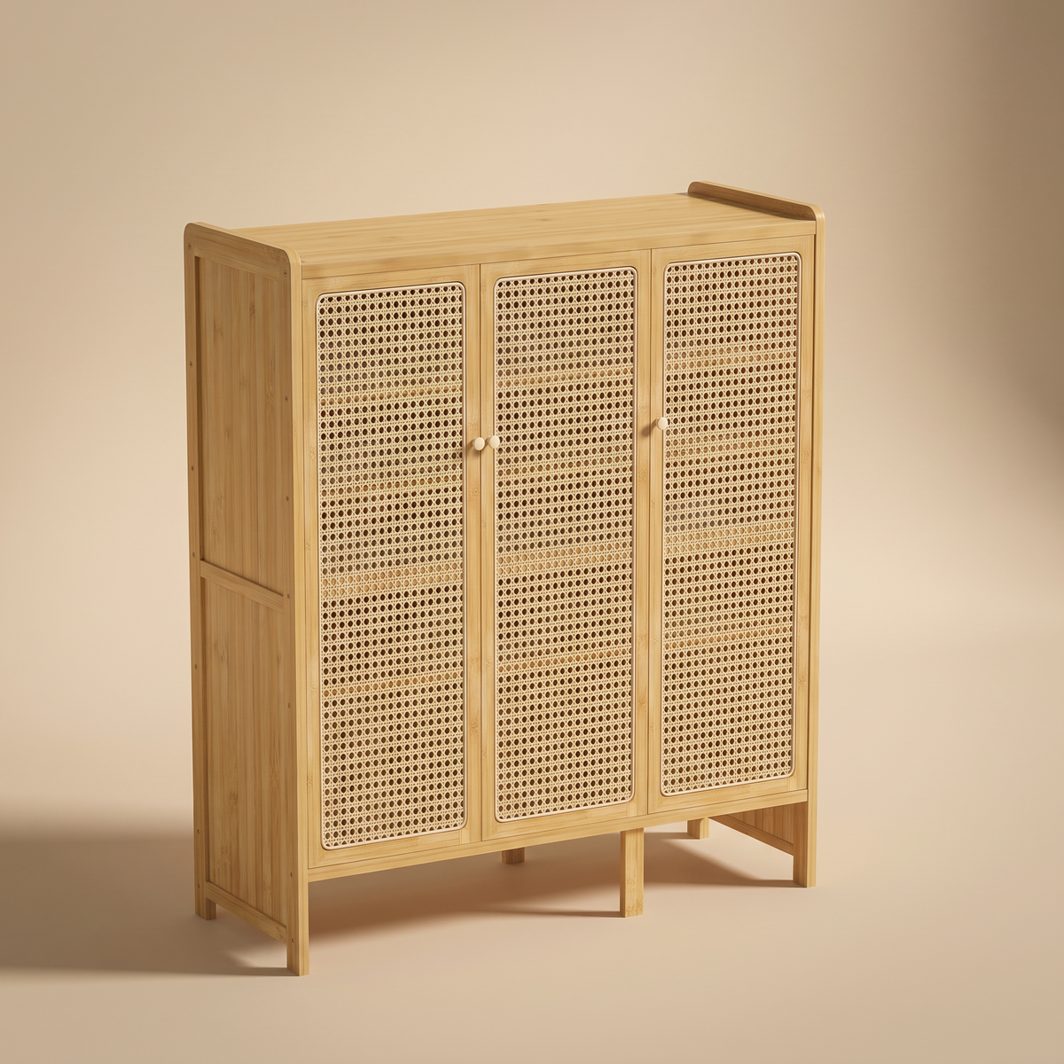 Hakone bamboo cabinet with three woven cane doors, studio shot