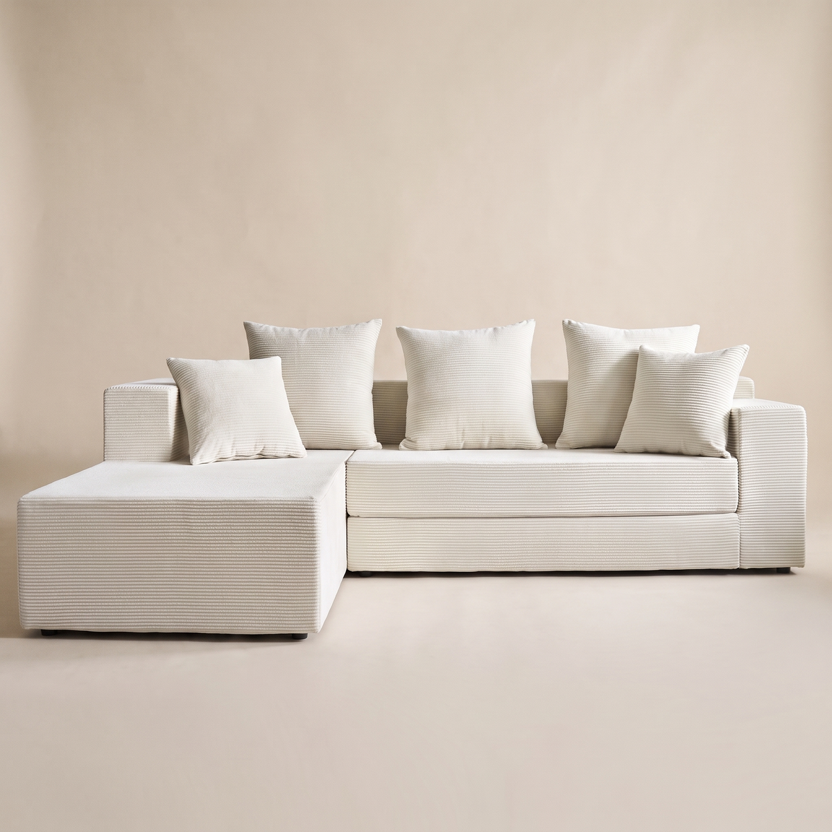 Aarhus ivory ribbed corduroy modular sofa with chaise, studio shot