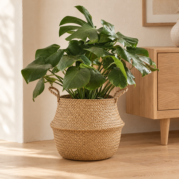Izu seagrass belly basket holding a potted plant on an oak floor, plant shown for styling only