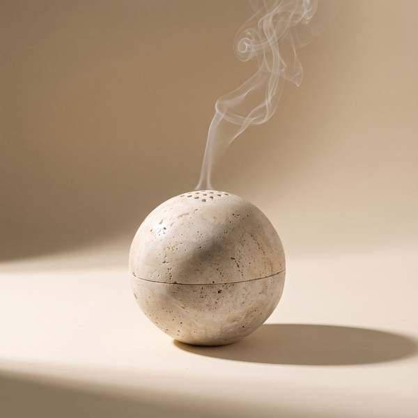 Kanazawa incense burner in beige travertine with a wisp of smoke, on a cream backdrop