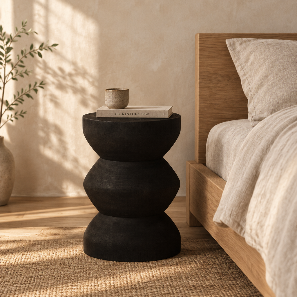 Nara stacked stool in charcoal black wood used as a bedside table, cup and book shown for styling only