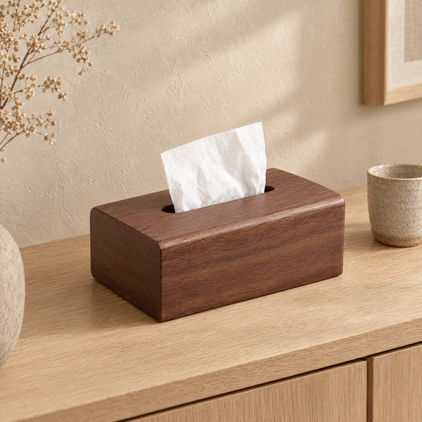 Ome walnut tissue box on a light oak console, cup shown for styling only