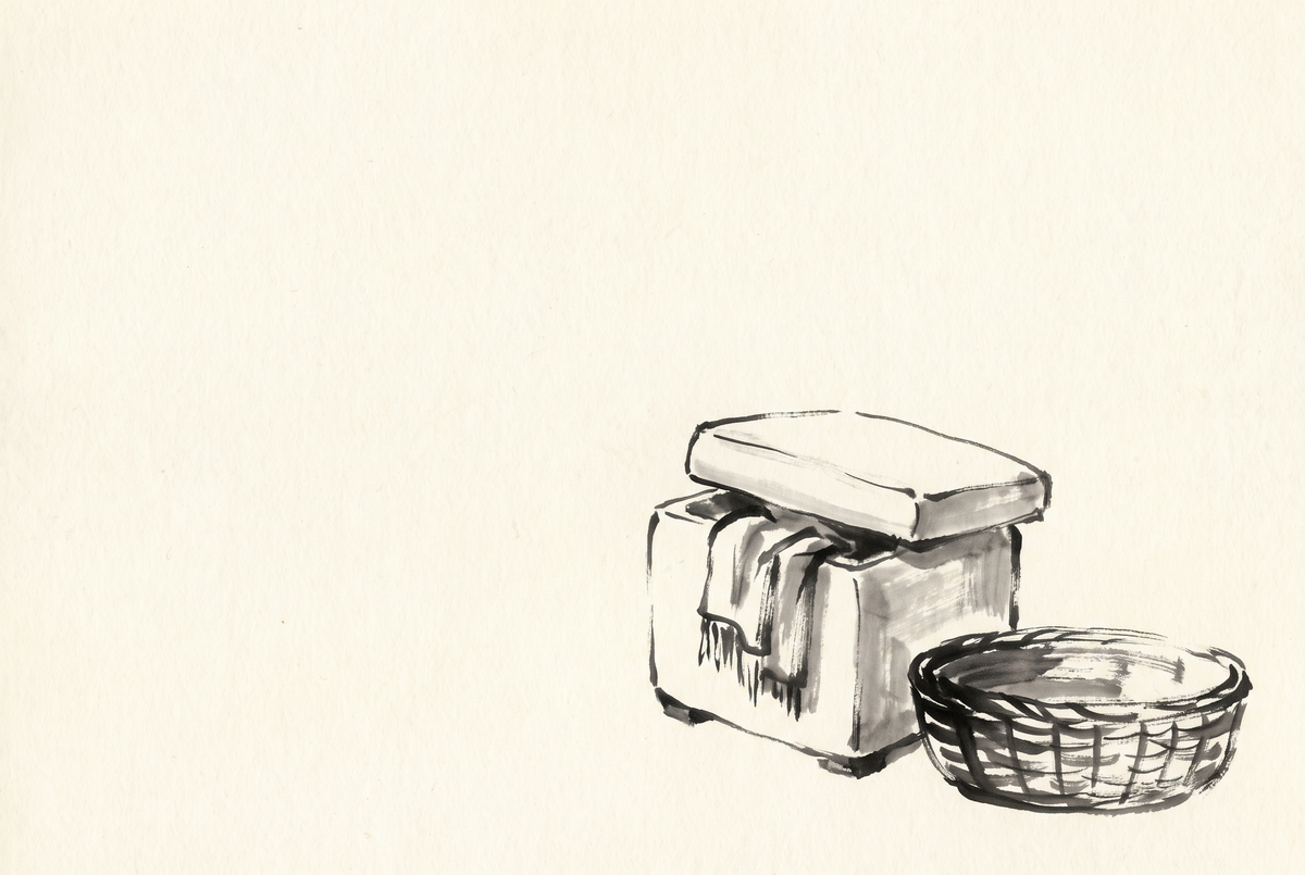 Ink drawing of a storage ottoman with its linen lid lifted and a low woven basket beside it