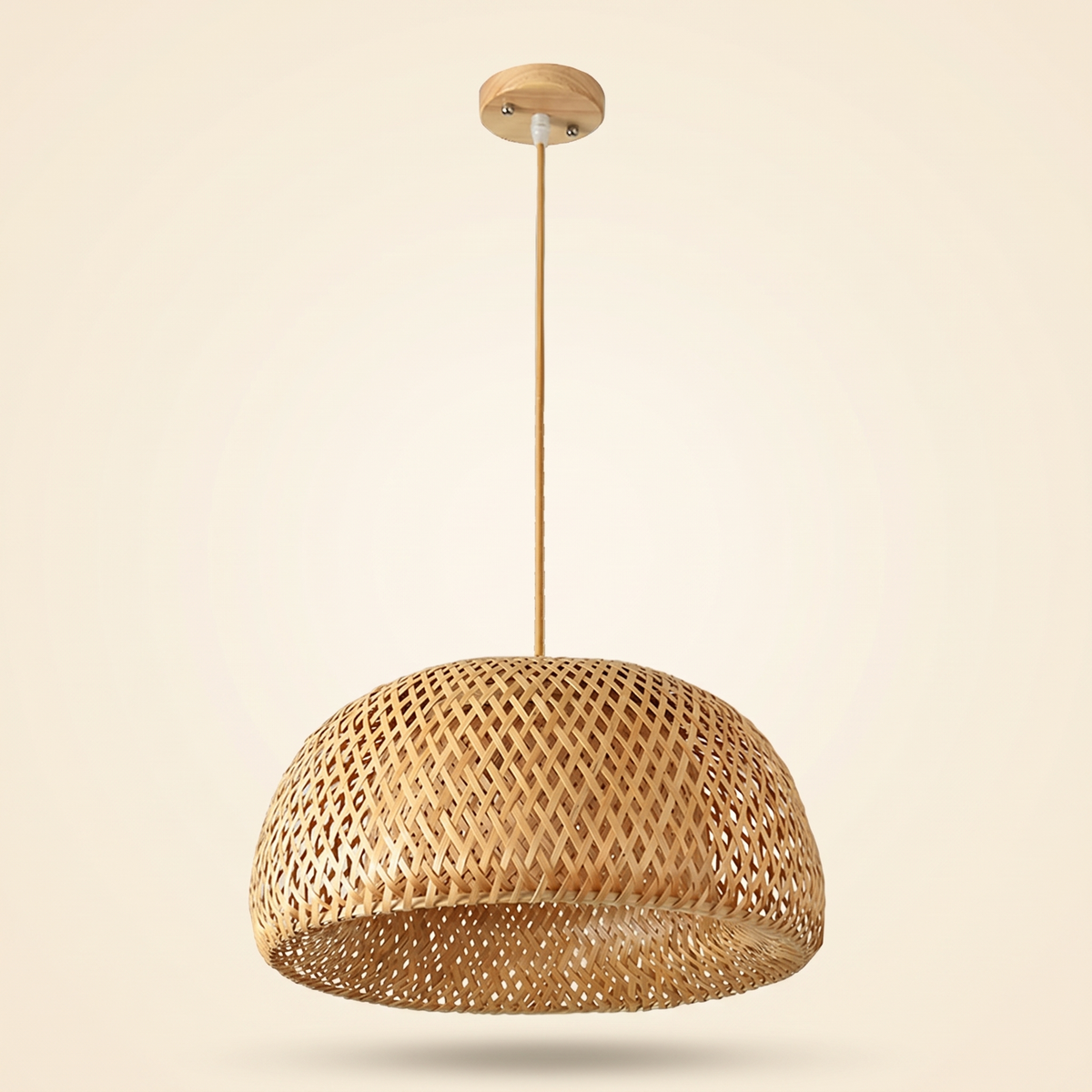 Beppu bamboo dome pendant with natural wood canopy and pale cord on an ivory backdrop