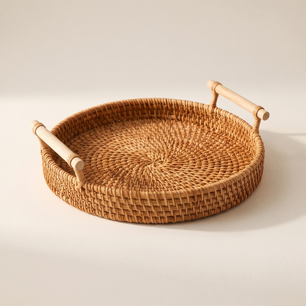 Copenhagen woven rattan tray with wooden handles, studio shot