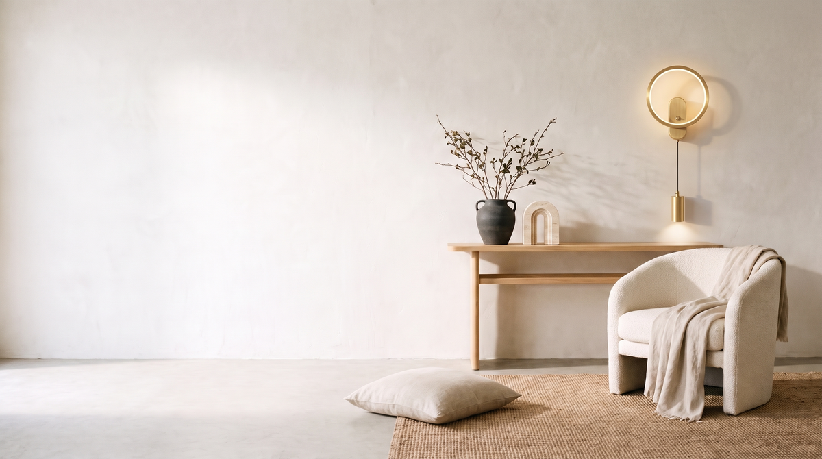 A furnished wabi sabi living room in warm afternoon light with a boucle chair, a pale oak console and the Bergamo ring wall light