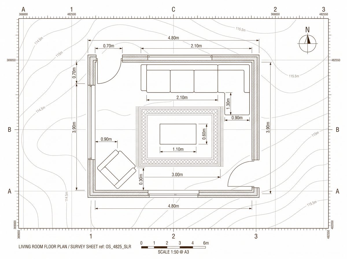 Measured plan of a 4.80 by 3.90 metre living room with the sofa, armchair, rug and low table set out to scale and every clearance dimensioned