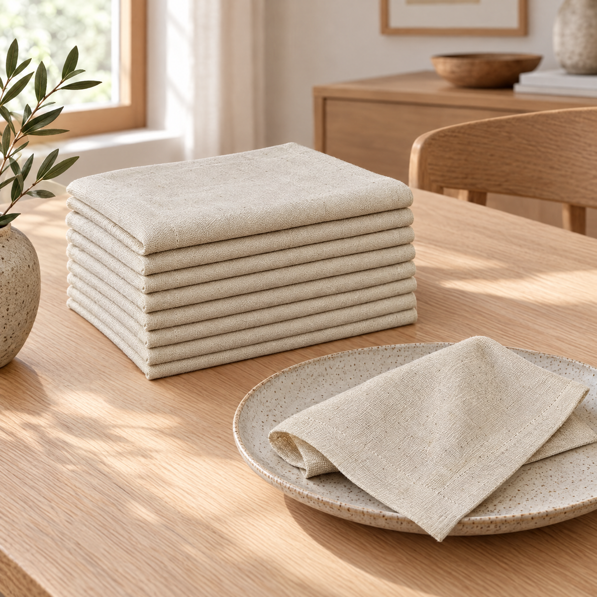 A folded stack of Kaga napkins in natural on an oak dining table, with one on a stoneware plate