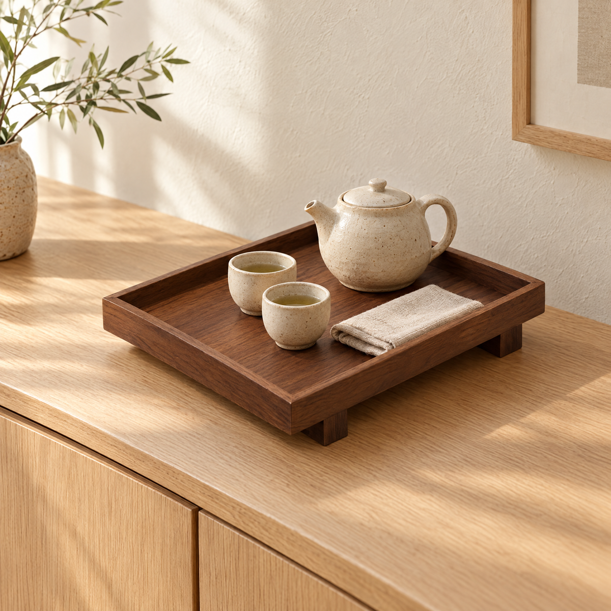 Kamakura walnut tone raised tray on an oak sideboard holding a cream teapot, two cups and a linen napkin
