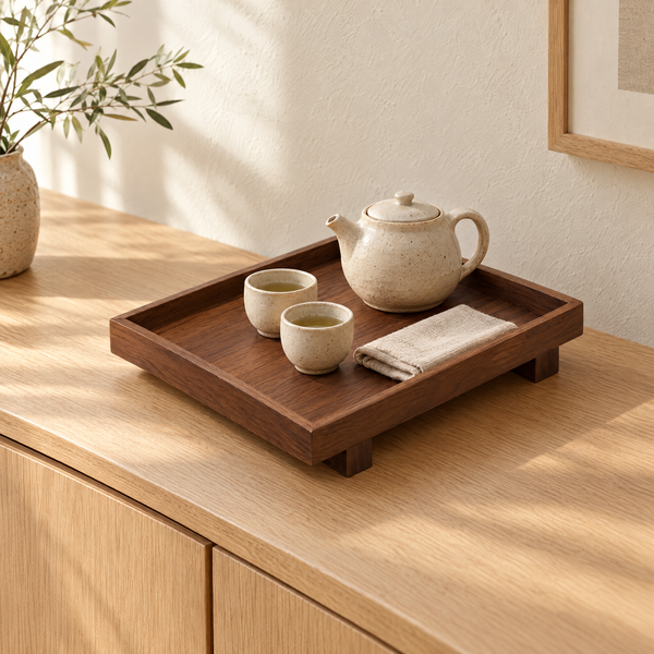 Kamakura walnut tone raised tray on an oak sideboard holding a cream teapot, two cups and a linen napkin