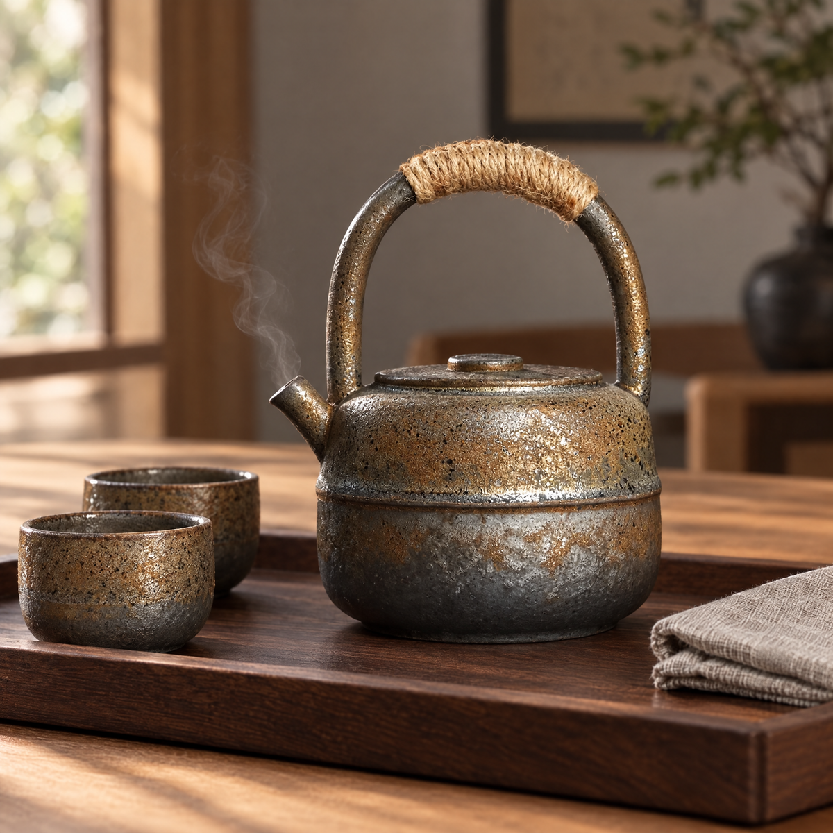 Karatsu teapot in speckled bronze glaze on a walnut tray, with cups shown for styling only
