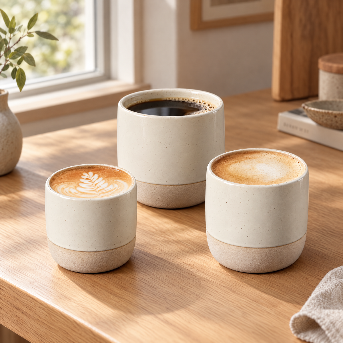 Kasama ceramic cups in three sizes holding coffee on an oak table