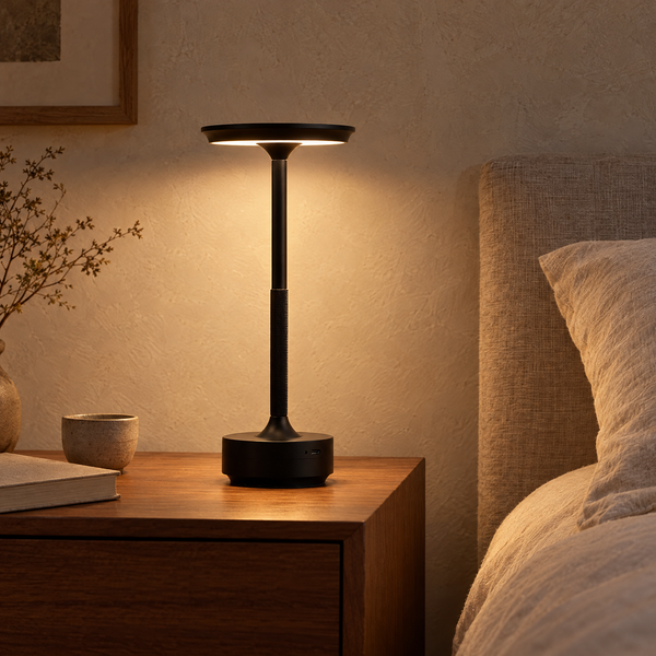Kobe cordless table lamp in black, lit on a walnut bedside table beside a linen bed
