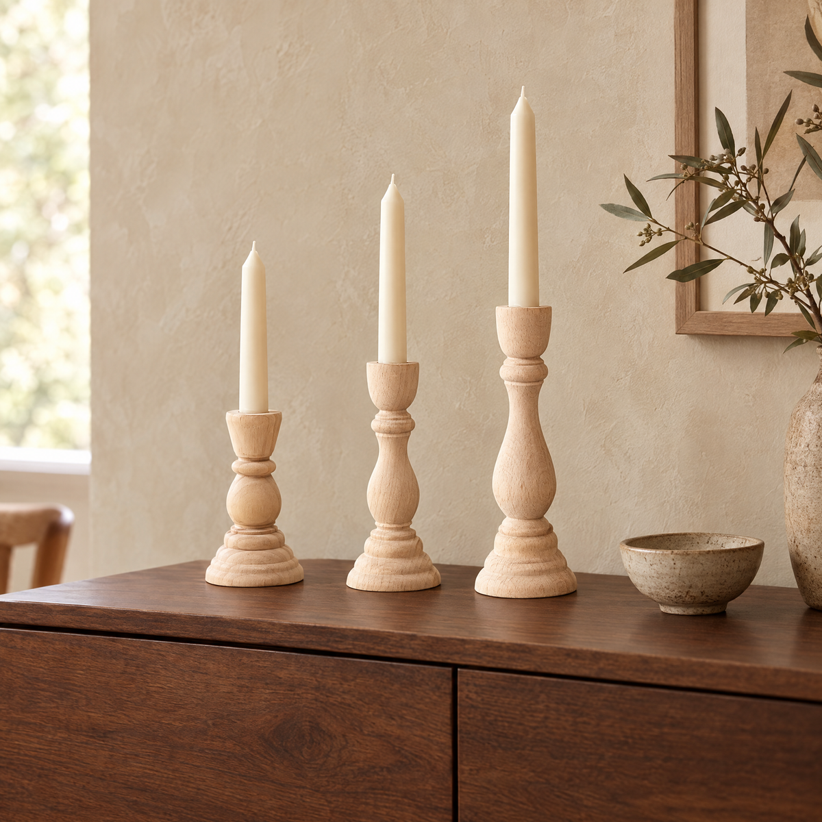 Mito turned wood candlesticks in three heights on a walnut sideboard, candles shown for styling only