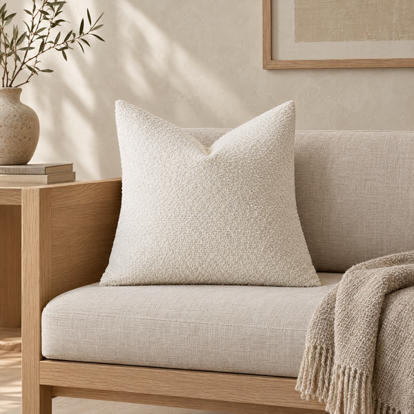Nagano boucle cushion cover in ivory on an oak daybed