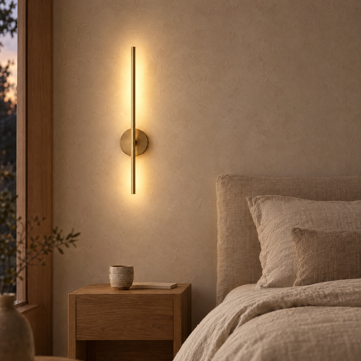 Akita rechargeable linear wall light in gold, lit on a plaster wall beside a linen bed