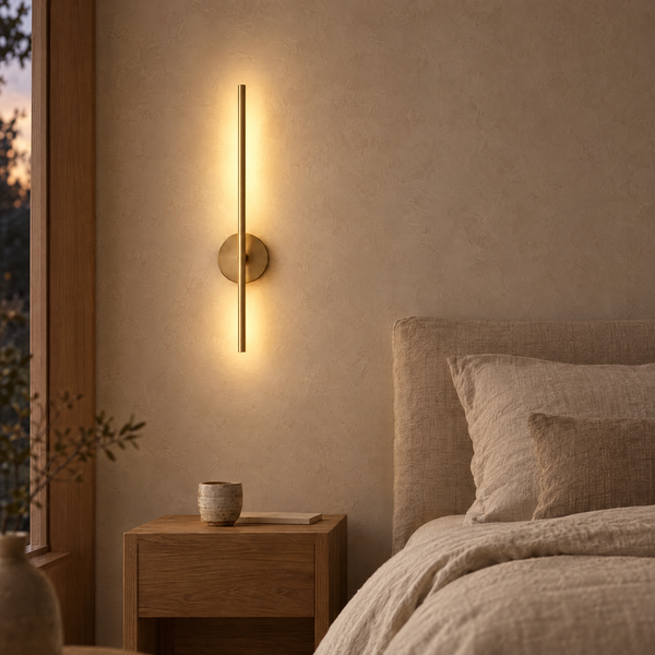 Akita rechargeable linear wall light in gold, lit on a plaster wall beside a linen bed