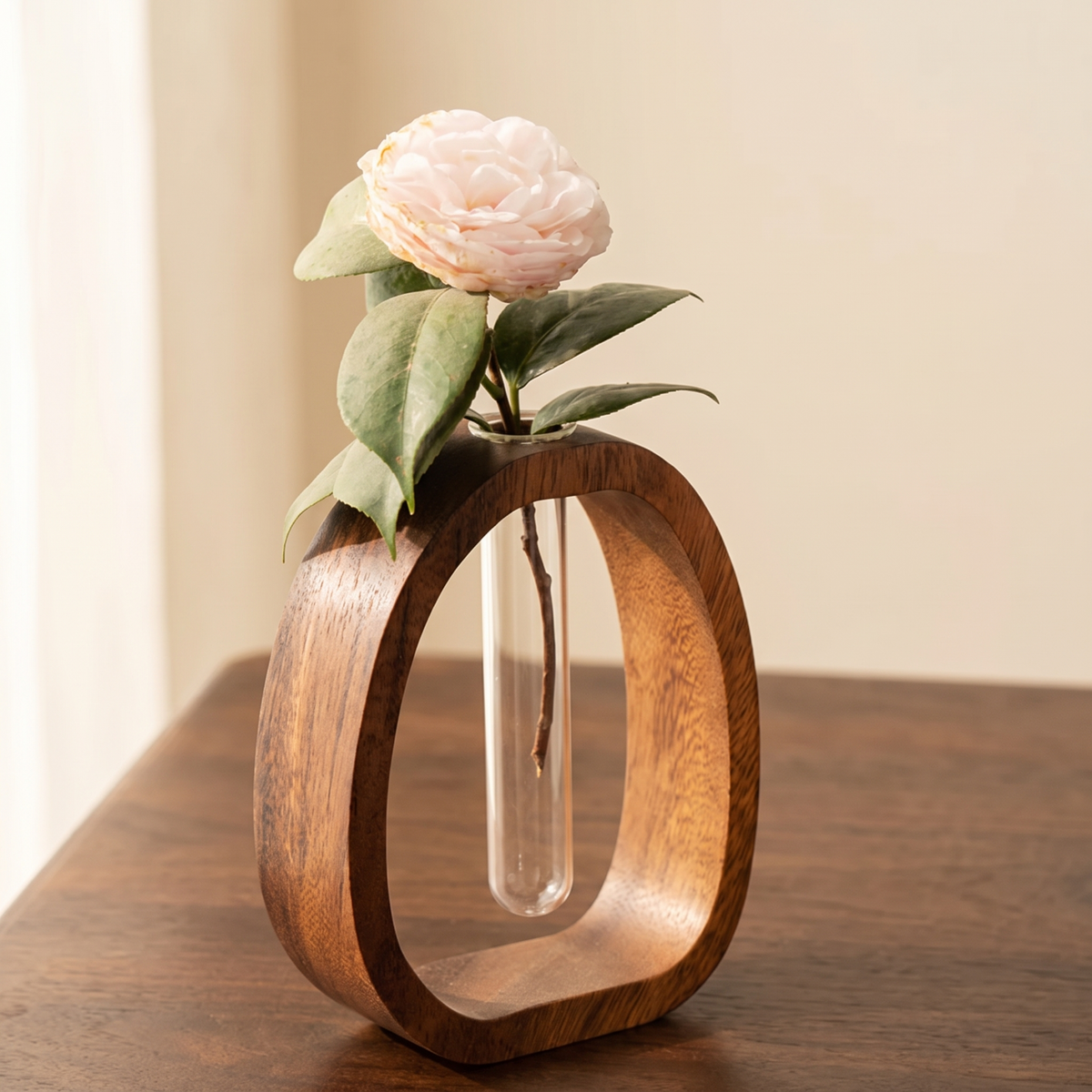 Large Nikko wooden bud vase with a peony