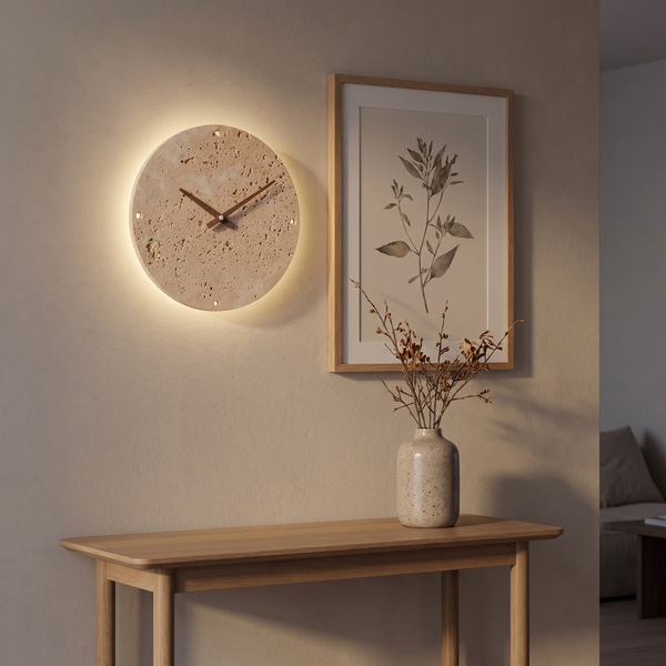 Orvieto travertine clock lit from behind on a plaster wall, a little smaller than the A4 framed print beside it