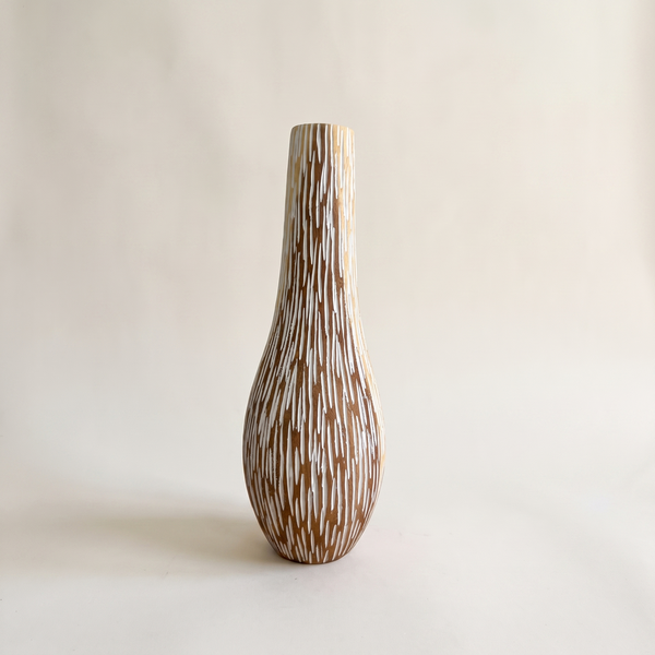 Osaka carved drop vase with white brushed into the grain, studio shot