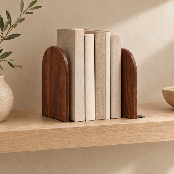 A pair of Sado arched bookends in walnut holding books on an oak shelf, books shown for styling only