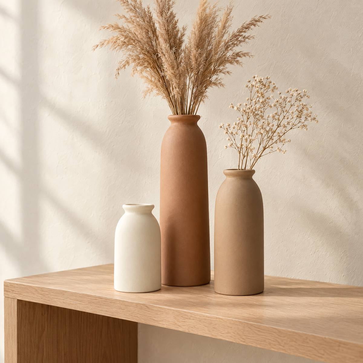 Tamba set of three matte ceramic bottle vases in cream, clay and sand on an oak console, styled with dried pampas and gypsophila