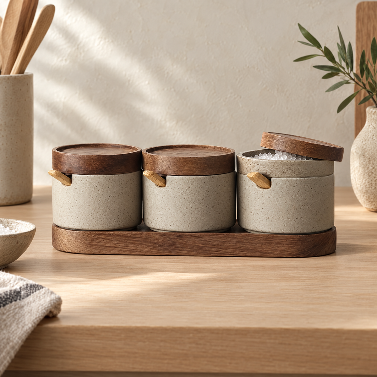 Tosa set of three ceramic seasoning jars with wooden lids on a wooden tray on a kitchen worktop