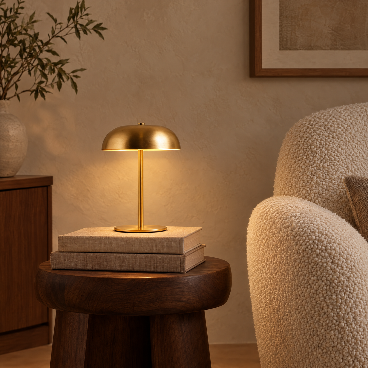 Ueda cordless mushroom table lamp in gold, lit on linen books on a walnut stool beside a boucle armchair