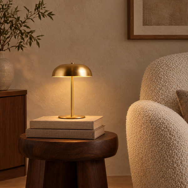 Ueda cordless mushroom table lamp in gold, lit on linen books on a walnut stool beside a boucle armchair