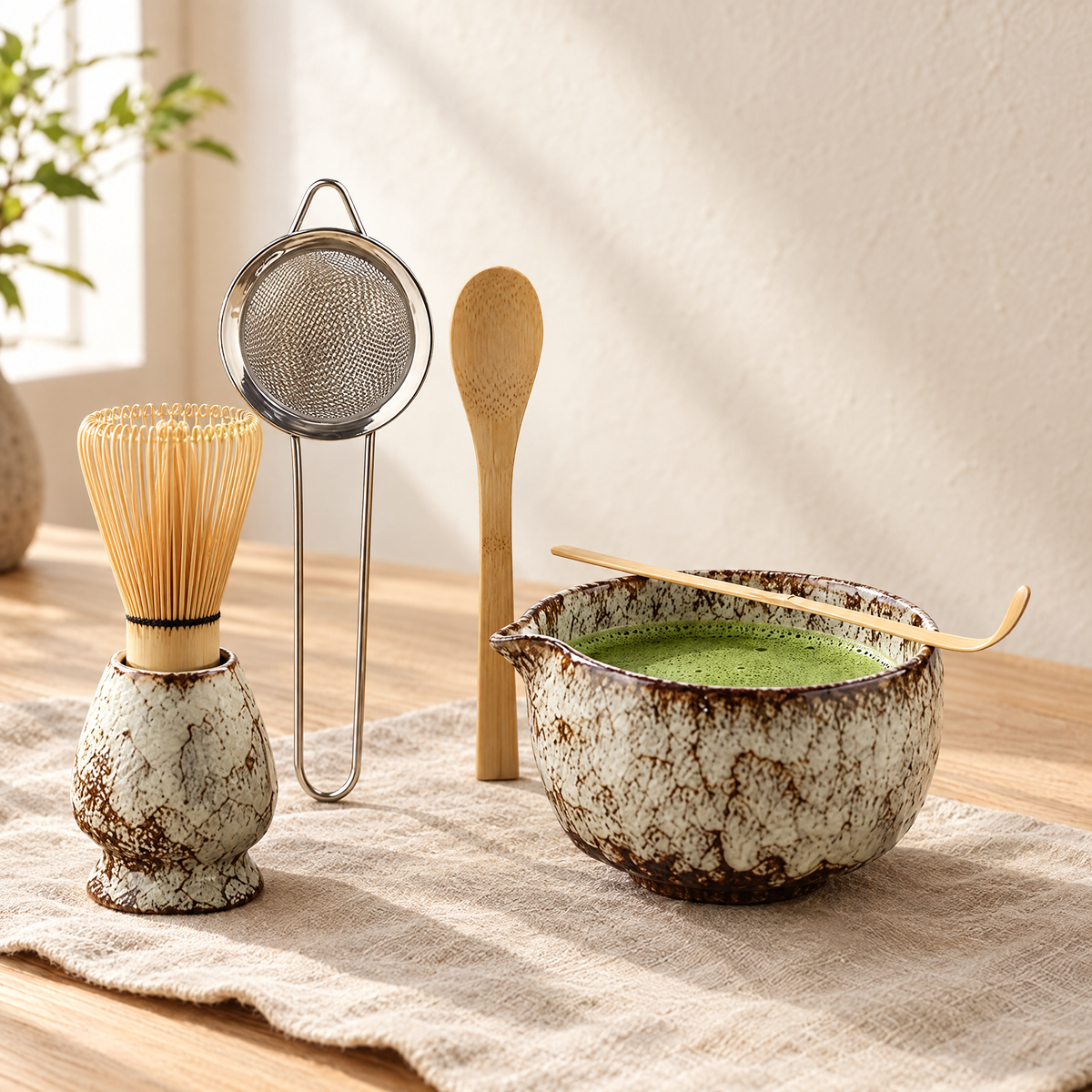 Uji matcha set in cream glaze on a linen cloth: spouted bowl, whisk on its holder, scoop, spoon and sieve