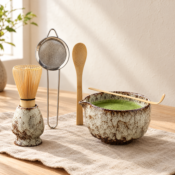 Uji matcha set in cream glaze on a linen cloth: spouted bowl, whisk on its holder, scoop, spoon and sieve