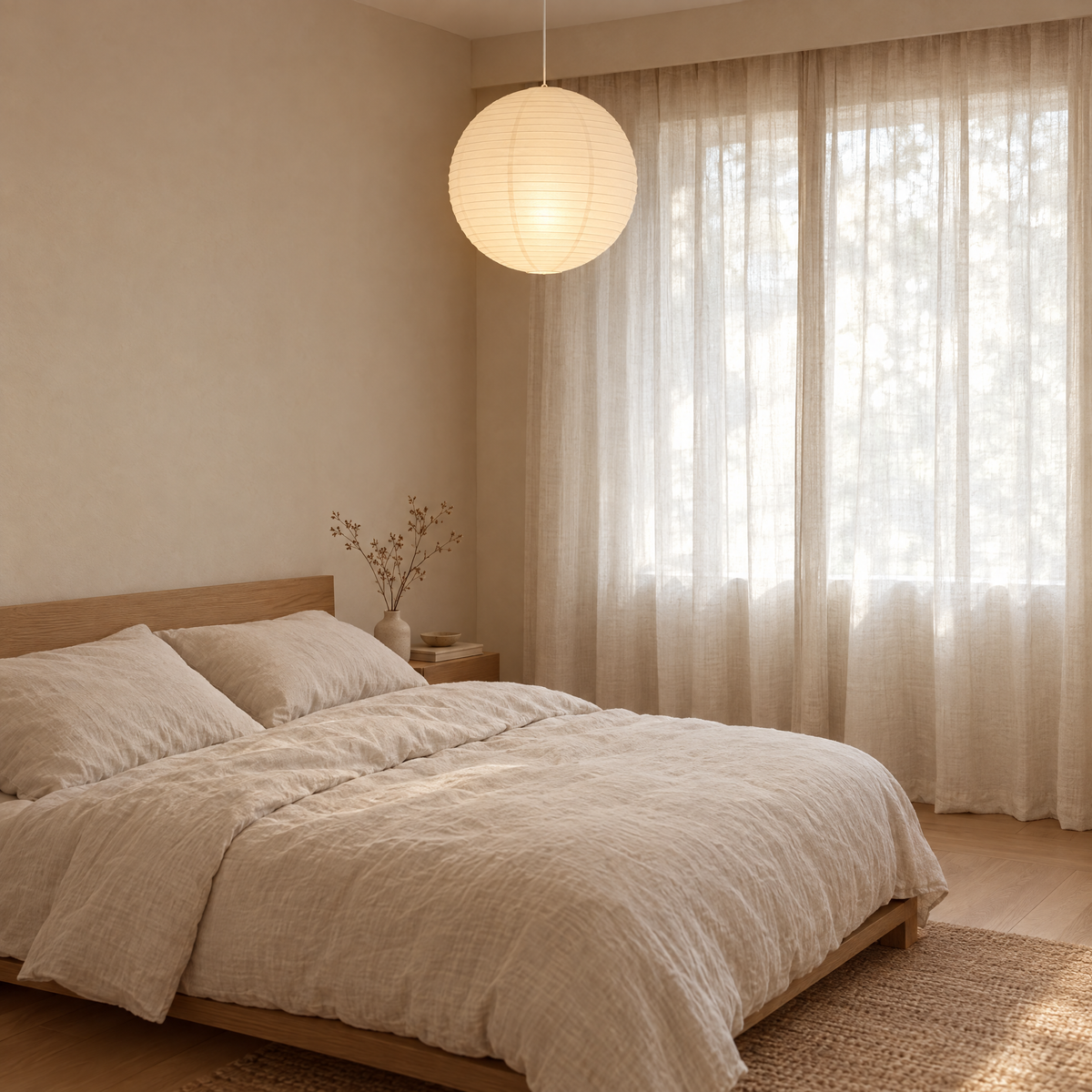 Yame round paper lantern shade hanging in a calm bedroom with linen bedding, fitting and bulb shown for styling only