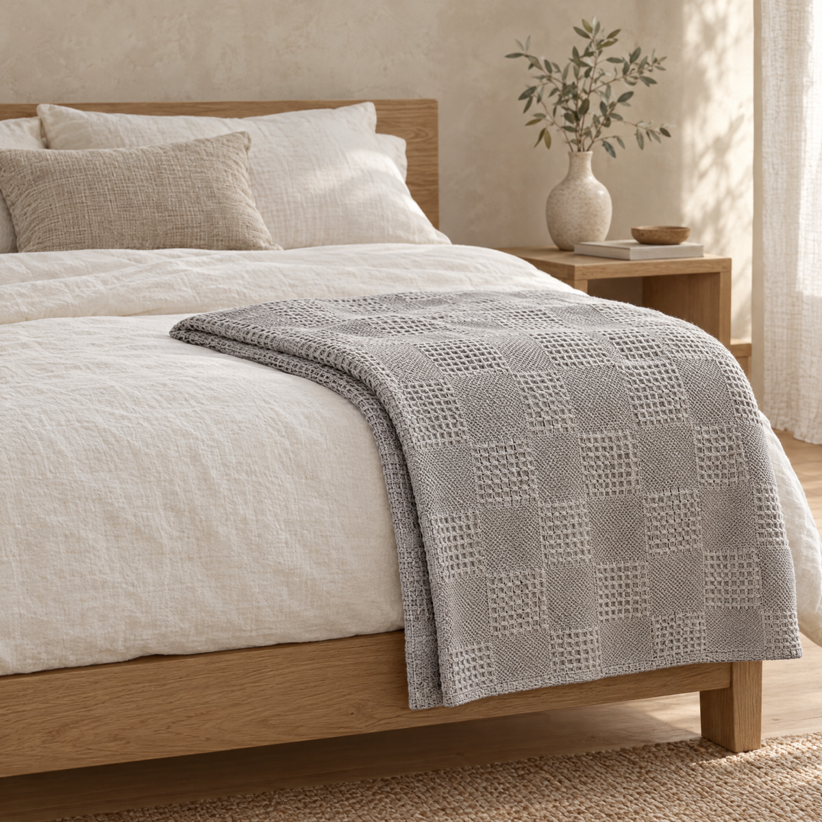 Yufu cotton waffle throw in light grey folded across the foot of an oak bed